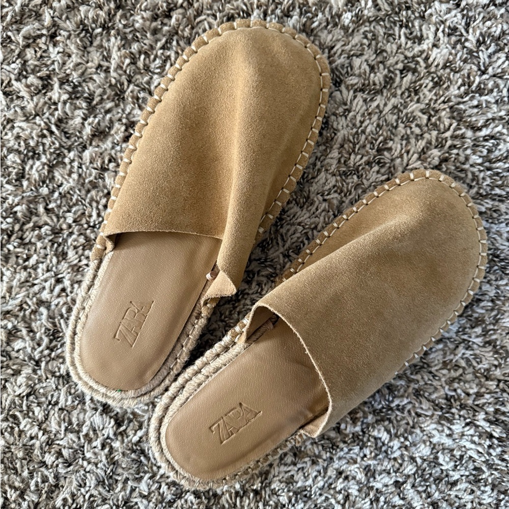 Zara Brown Suede Jute Sole Flat Slides 42